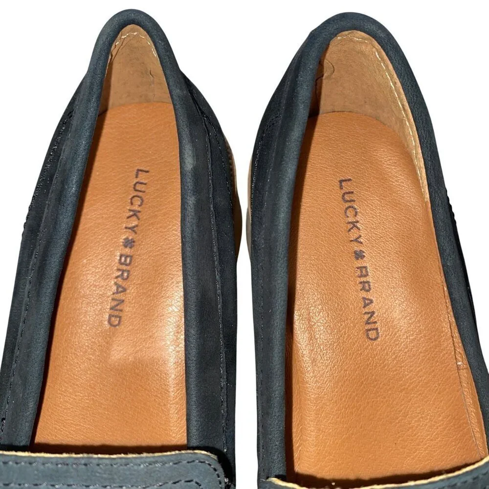 Lucky Brand Womens Black Suede platform Cork Heel Loafers Size 6.5. Preppy
